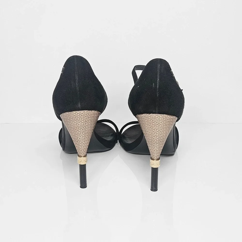 Chanel 2016 Black Suede Satin Gold CC Logo High Heels Sandals Shoes Strappy 41.5